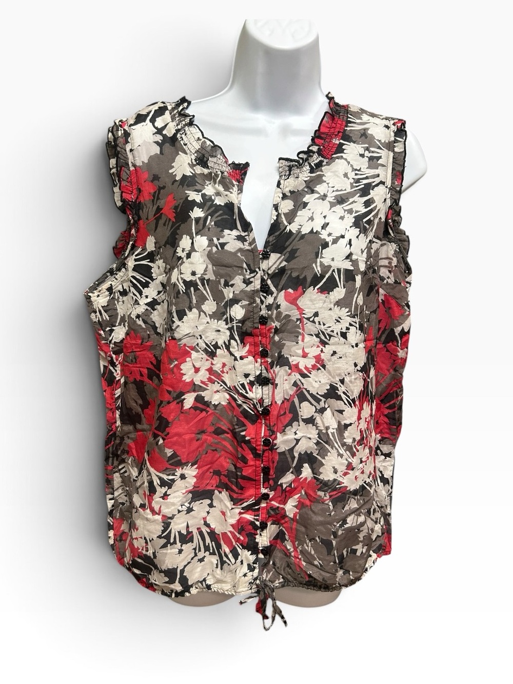 Reitmans Gray Red Floral Cotton Silk Blend Blouse Size L